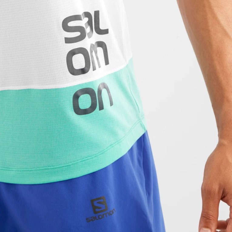 Salomon Cross Run Graphic Men's Tanks White / Turquoise | 827-VYDHWQ