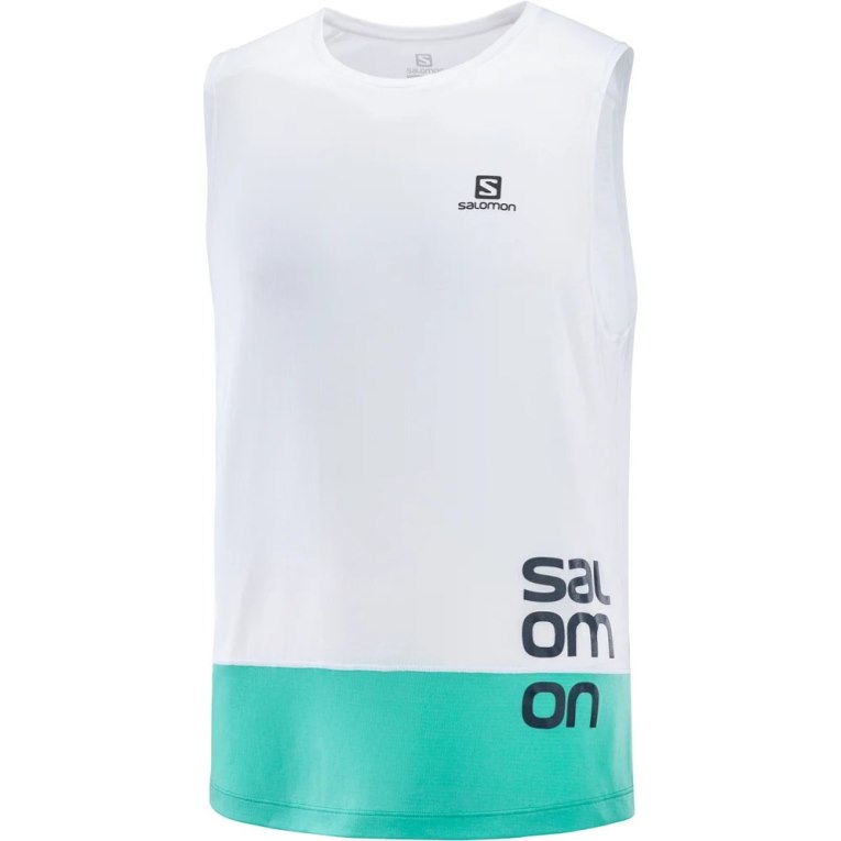 Salomon Cross Run Graphic Men's Tanks White / Turquoise | 827-VYDHWQ