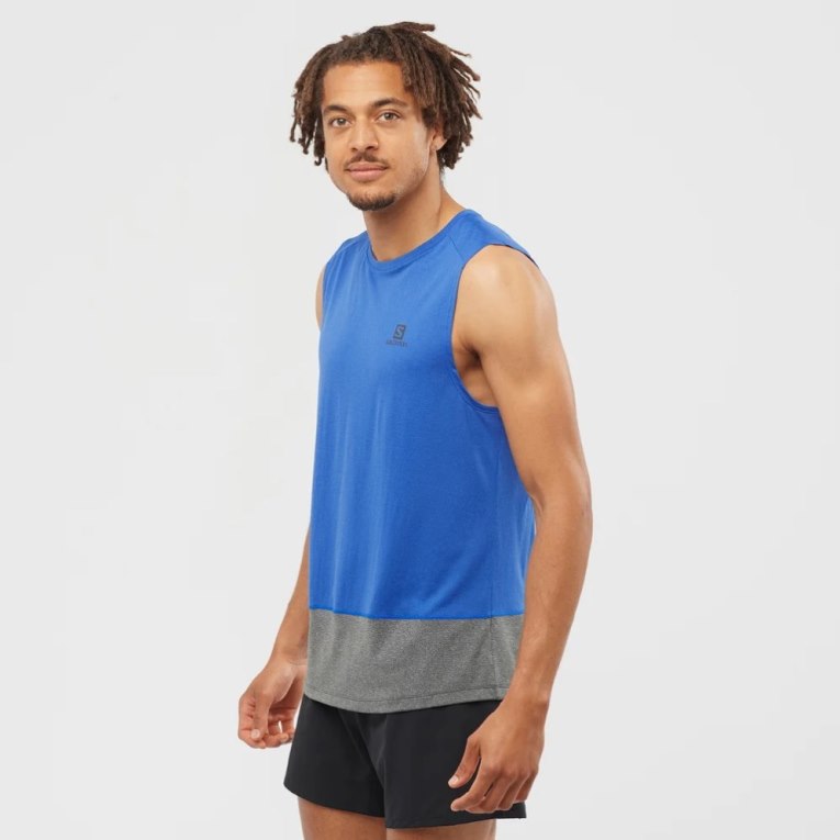 Salomon Cross Run Men\'s Tanks Blue / Grey | 428-GACXJM