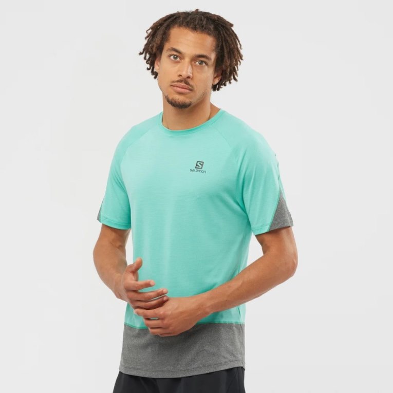 Salomon Cross Run Short Sleeve Men\'s T-Shirts Turquoise / Grey | 034-SPKHFJ