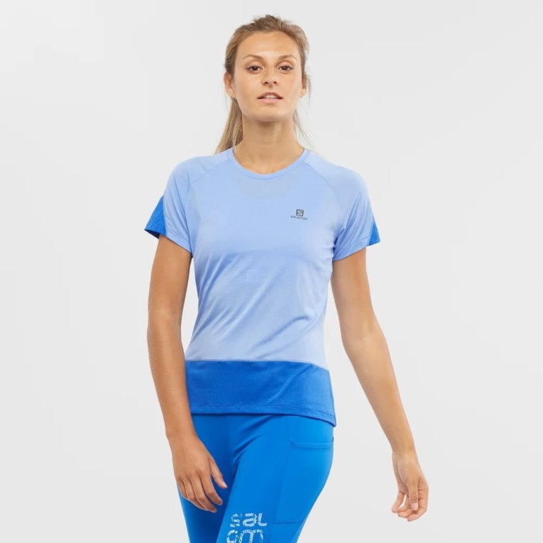 Salomon Cross Run Short Sleeve Women\'s T-Shirts Blue | 609-GUBZAR