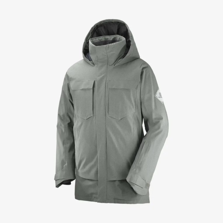 Salomon Stance Cargo Insulated Hooded Men's Ski Jackets Olive | 396-ITHFCG