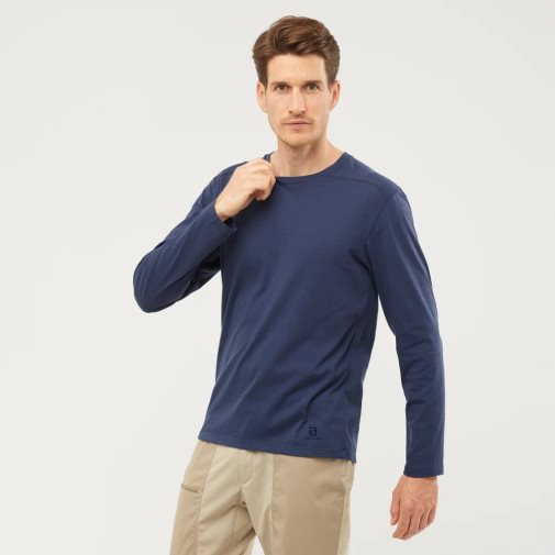 Salomon Essential Long Sleeve Men's T-Shirts Navy | 290-HYFNTA