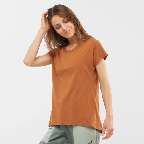 Salomon Essential Shaped Short Sleeve Women's T-Shirts Brown | 945-EPAYSR